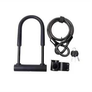 Heavy-Duty Polished Finish U-Lock with Braided Steel Cable, Hand-Controlled Silicone Protected Bike Lock, Uncharged Anti-Theft Security for Mountain Bikes - 2 Keys Included